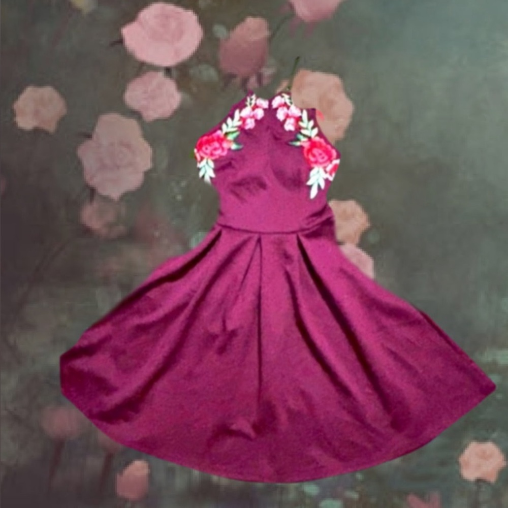 B Darlin Purple Pleated Embellished Halter Dress